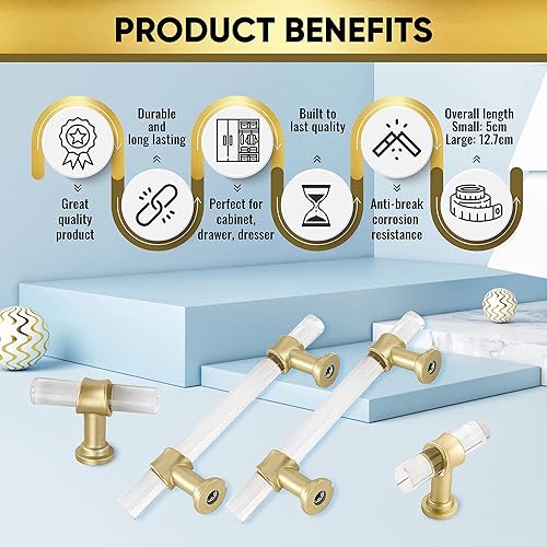Miniatura 2 de Manijas doradas para gabinete, 5.5 tiradores de acrílico para gabinete, manijas de gabinete de cocina y baño y cajones, perillas acrílicas con