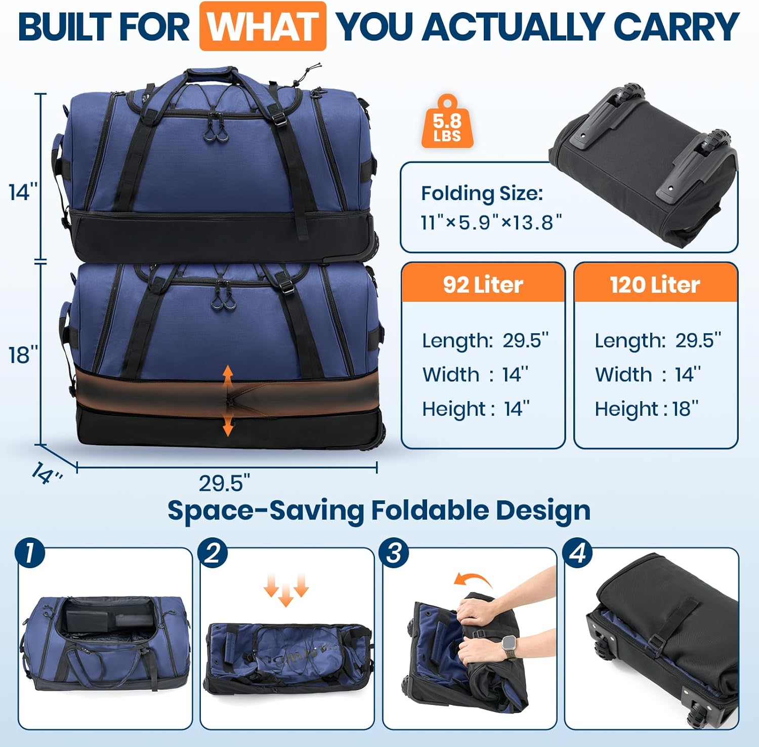 Fanwoli Extra Large 120L Expandable Rolling Duffle Bag with Wheels, 30" Foldable Heavy Duty Duffel Backpack, Durable Water Resistant Collapsible Bag for Moving, Camping, College Dorm