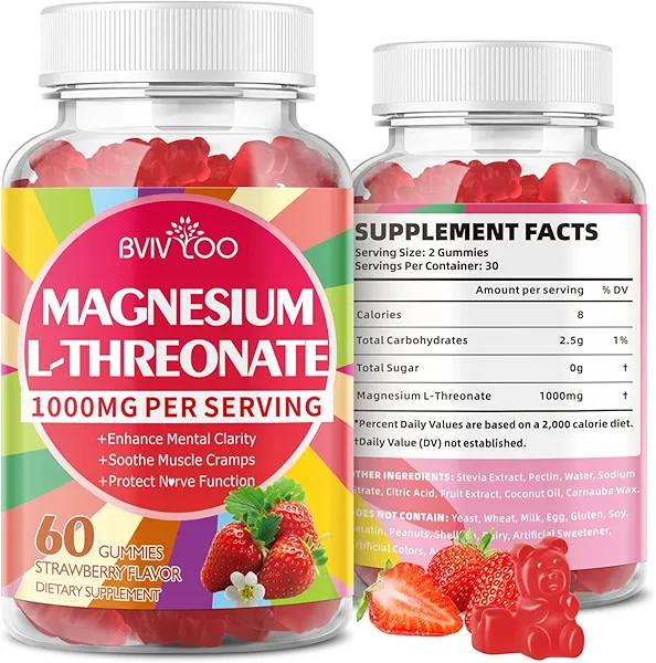 1000mg Magnesium L-Threonate Gummies for Kids & Adults - Muscle & Nervous System Support, Vegan, Sugar-Free Strawberry Flavor, 60 Gummies