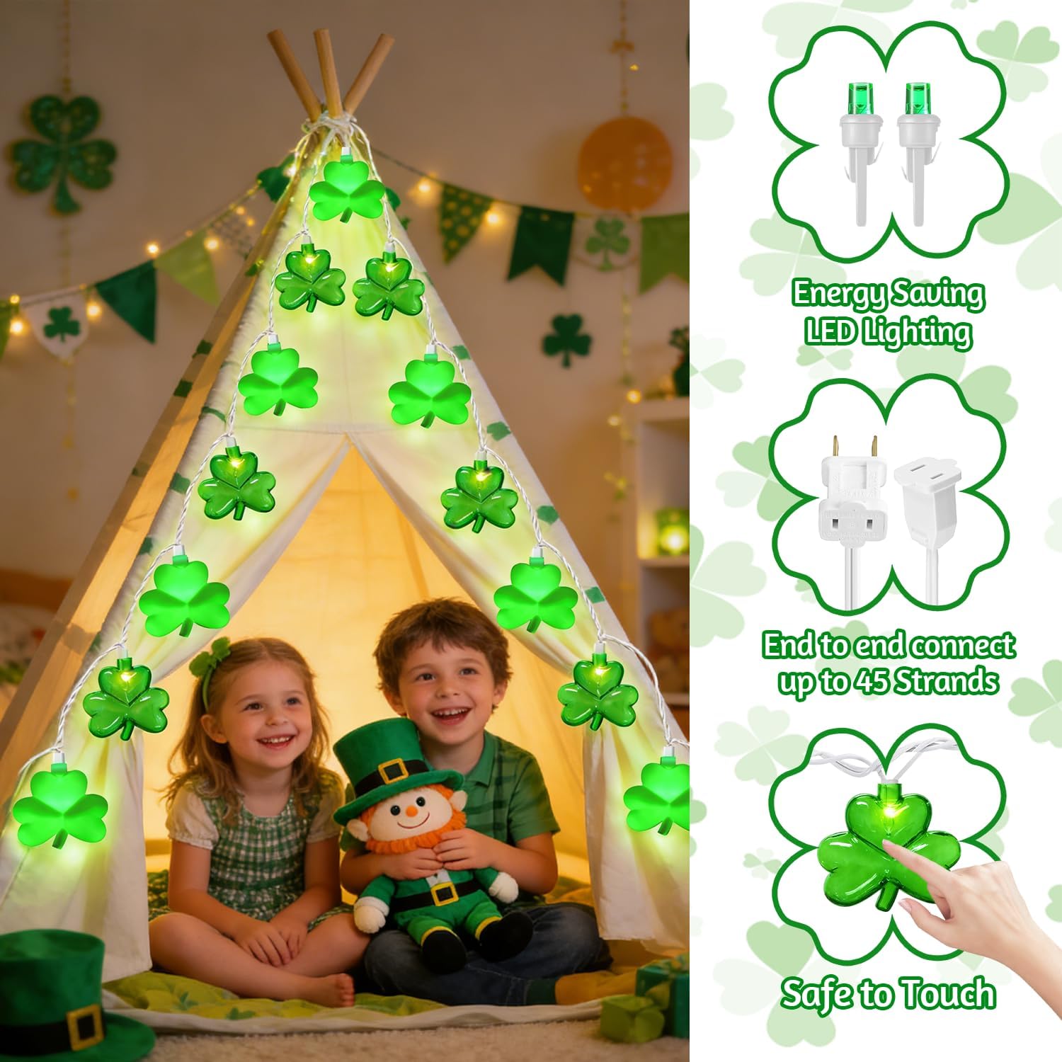 8.5Ft LED St Patricks Day Lights Shamrock Lights Plug in Lucky Shamrock String Lights Clover String Lights Outdoor Waterproof for St. Patrick's Day Decorations for Bedroom Home Garden Party, 0.48W - Image 7