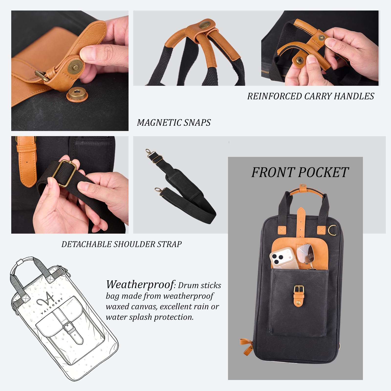 Bolsa para baquetas de batería de lona encerada con asas y correa de hombro desmontable, funda de percusión para bateristas y principiantes (VUK-YLGBB-BLK02 - Negro)