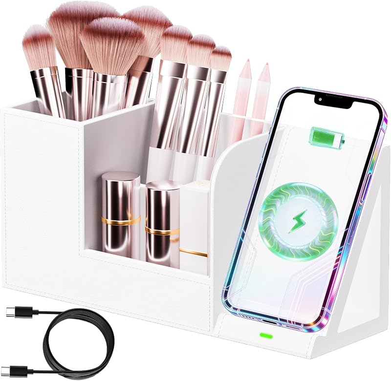 Organizador de Pincéis de Maquiagem LADSTAG com Suporte para Celular, Couro Sintético PU, Branco, Modelo LS105, 1 unidade