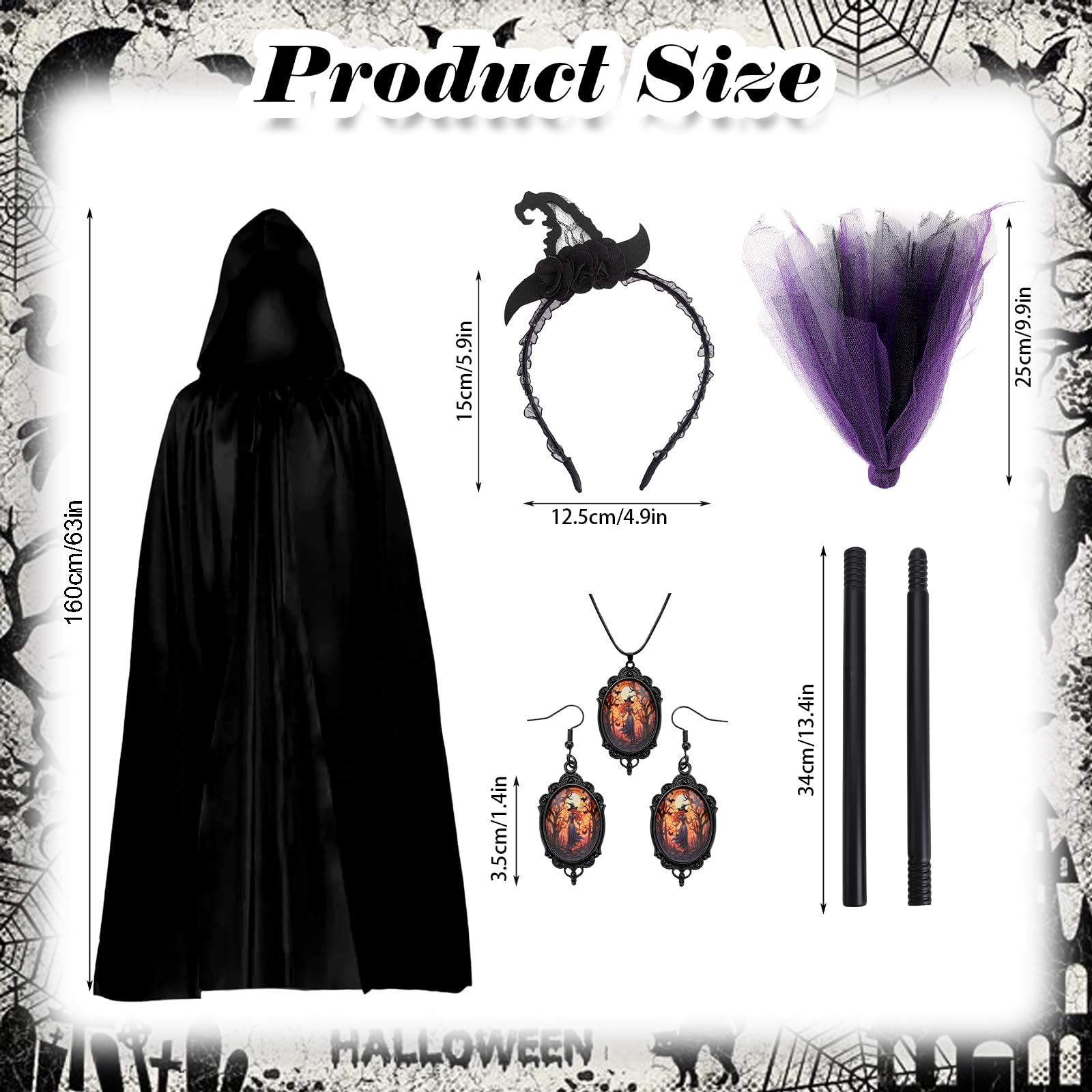 SummitEdge 6 PCS Witch Costume Adult Women, Witch Hat Headbands, Black Cape Black Cloak with Hood, Gothic Accessories - Image 2