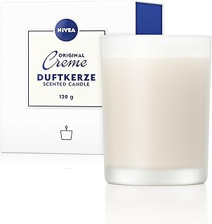NIVEA Original Creme Duftkerze, schlichte Duftkerze im Glas mit der bekannter NIVEA Creme-Note, zart duftende Kerze im Milchglas-Behälter (120 g)