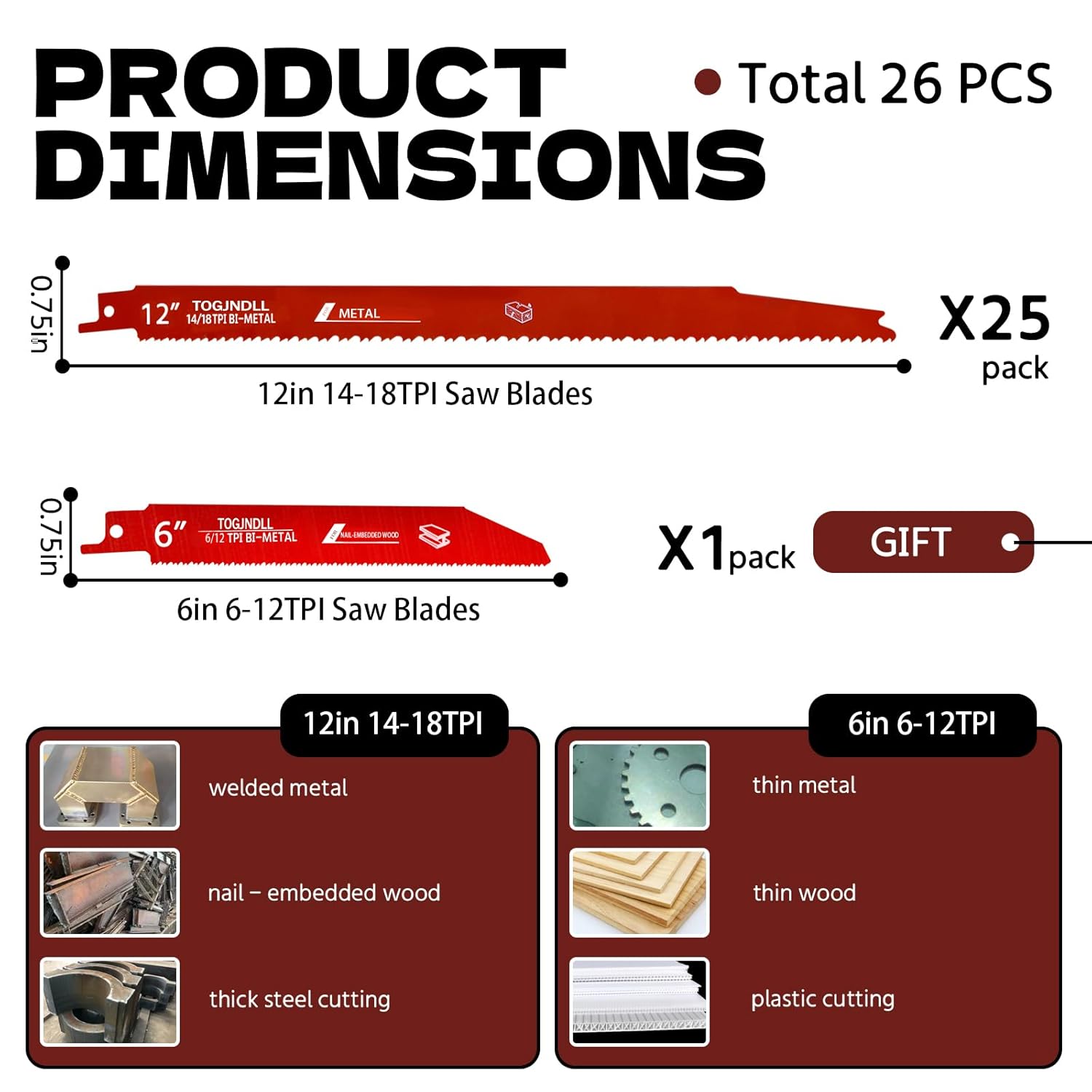 𝑵𝒆𝒘 25 Pack 12 in 14/18 TPI Cobalt Bi-Metal Reciprocating Saw Blades for Metal Cutting, 0.05in Thickened Sawzall Blades for Automobile Dismantling, Includes 1 Pack 6in 6/12 TPI Blade