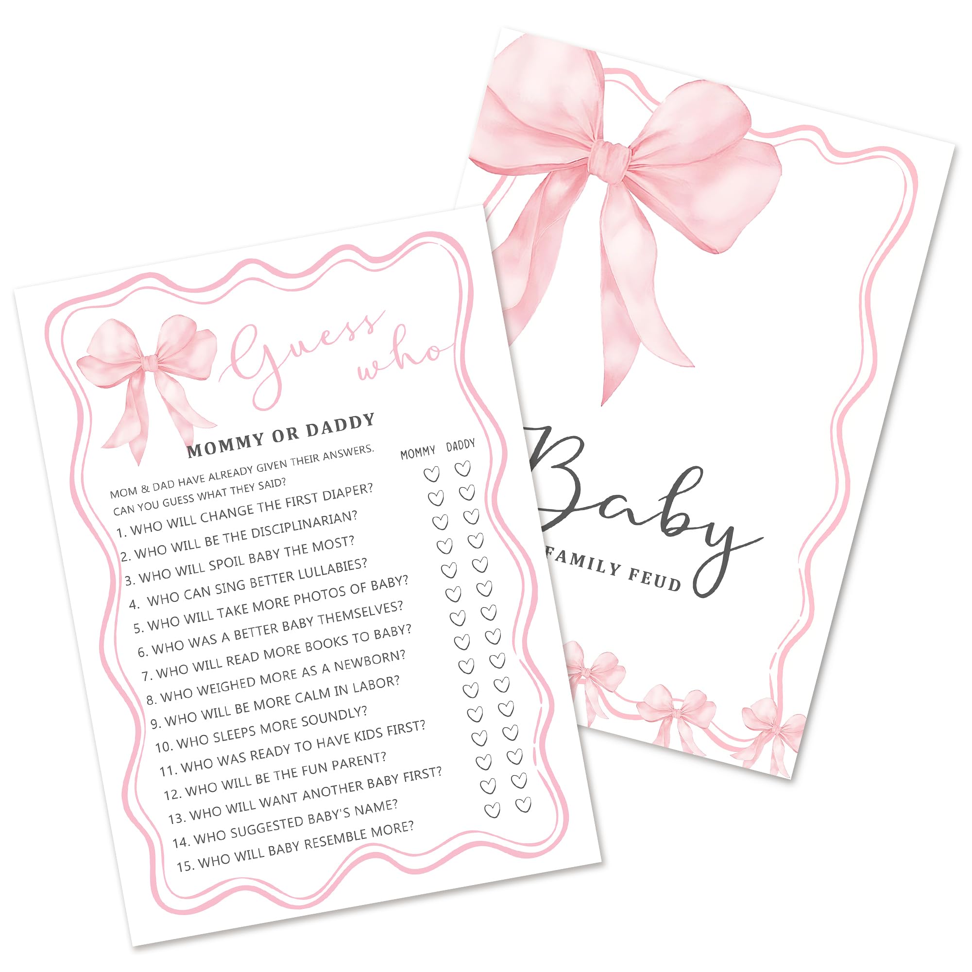 Kaderas Baby Shower Game Cards for 25 Guests, Guess Who Mummy or Daddy, Pink Bow Design