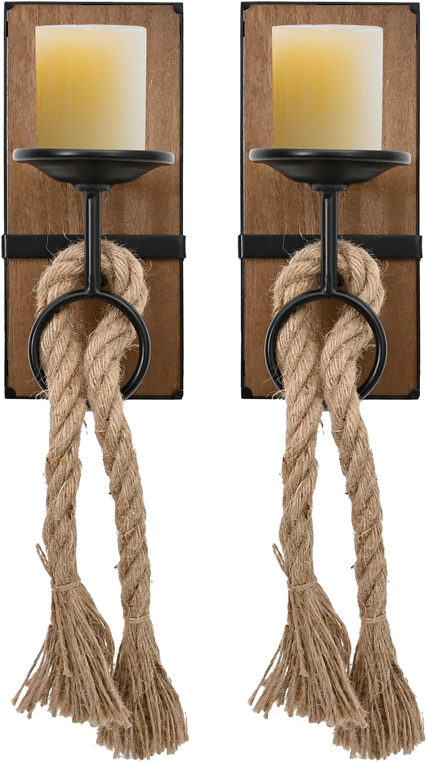 SwallowLiving Farmhouse Wall Decor Candle Sconces, Rustic Wood Candle Holder Set of 2, Wall-Mount Metal Candle Holders for Bedroom Living Room Home Hanging Wall Art Decorations