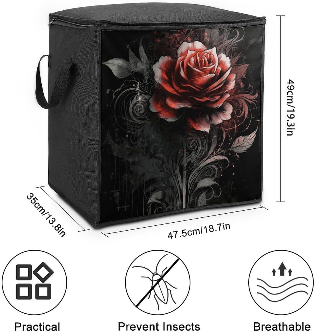 Portable Quilt Storage Bag,Flat Rose Printed Foldable Wardrobe Storage Box Foldable Storage Bag with Lids And Handle Large Clothing Storage Bag for Comforters Clothes Blankets Pillows
