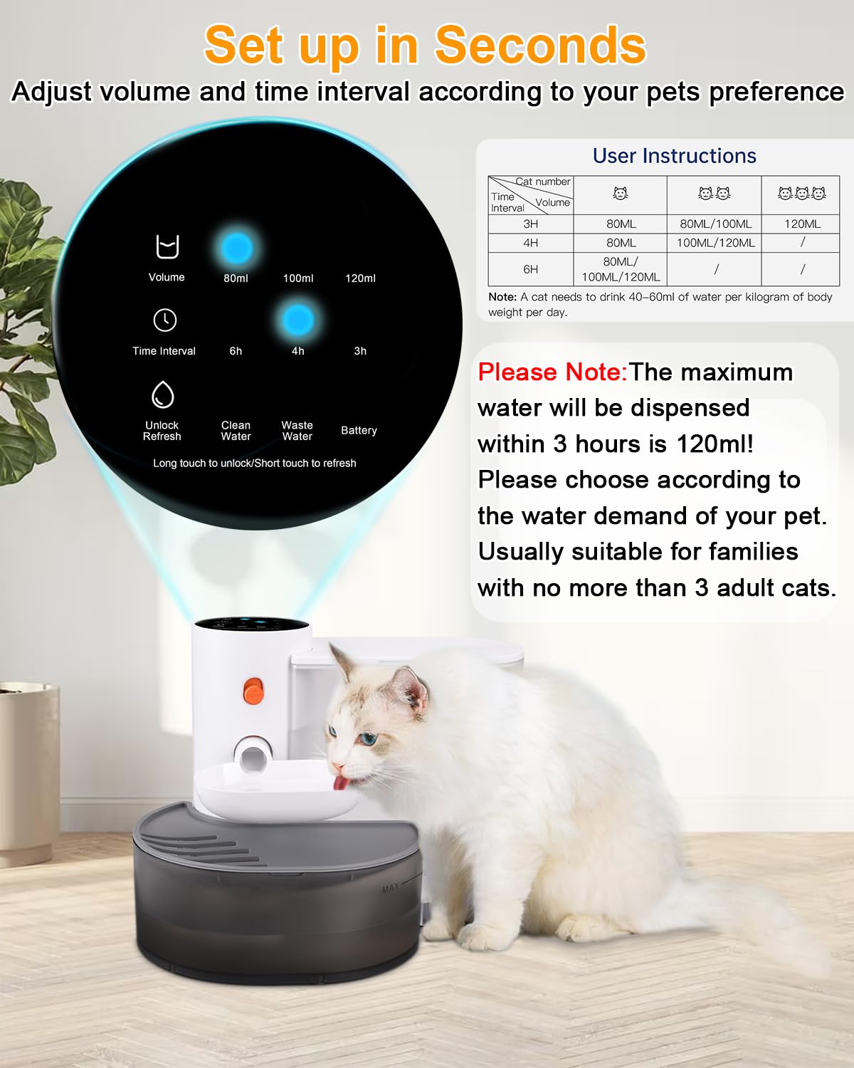 Fuente de agua inteligente para mascotas, fuente de agua para gatos sin filtro, fuente de agua ultra silenciosa de 3L/2,891.7 g, diseño de separación (incluye una alfombrilla de silicona para
