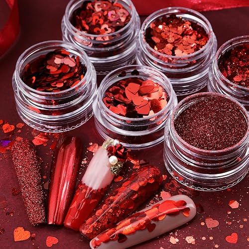 Red Nail Glitter Powder Heart Nail Sequins 6 Jars Valentine