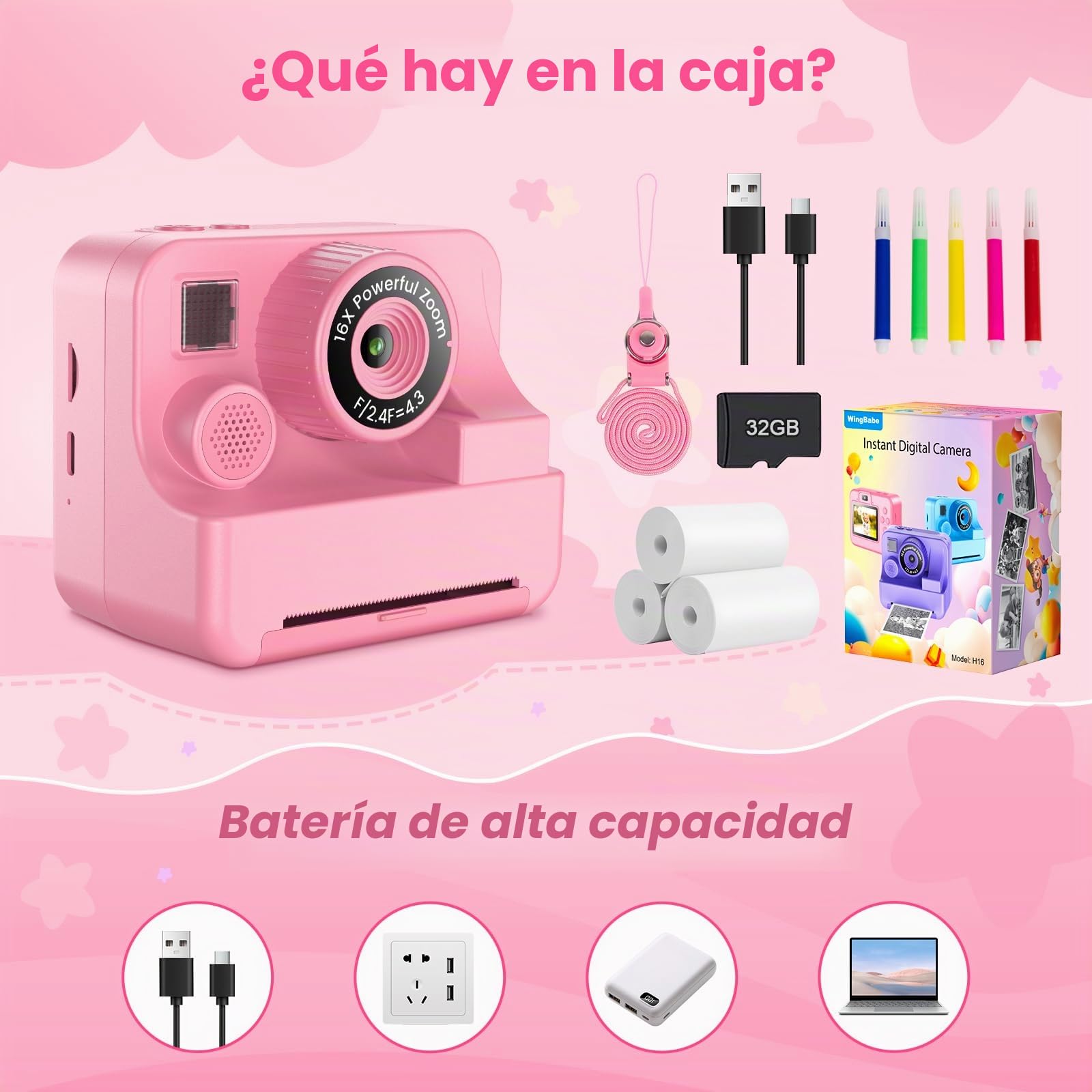 Cámara instantánea para niños con selfie 1080p Cámara instantánea con tarjeta de 32 GB y 3 rollos de papel de impresión, cámara para niños, juguetes para niños, regalos para