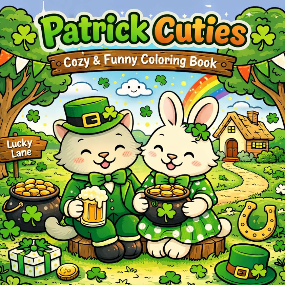Patrick Cuties: Cozy & Funny Coloring Book for Adults and Teens: Cute Animal Coloring Pages with Lucky Clovers, Cozy Scenes, Fun Hygge Vibes and Festive St. Patrick’s Day