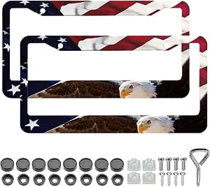 American Flag License Plate Frame 2 Pack - Aluminum, Rhinestone, Universal Fit For US/Canada Plates