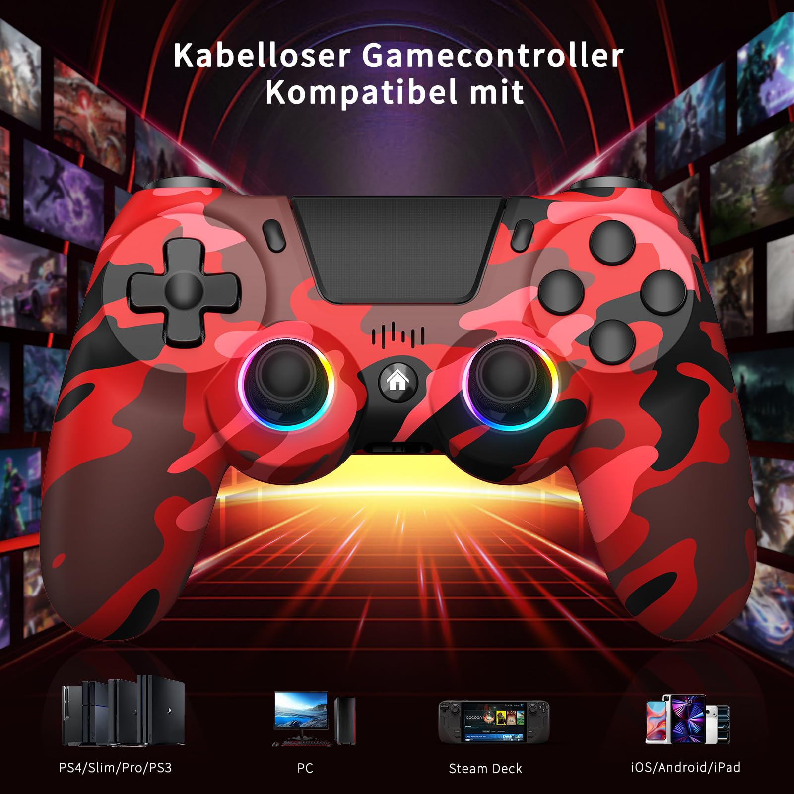 ancihdgm Manette sans fil pour PS4, compatible PS4/Pro/Slim/PC/P3/Android/iOS. Programmable, double vibration, gyroscope 6 axes, éclairage LED, écran tactile et prise de casque