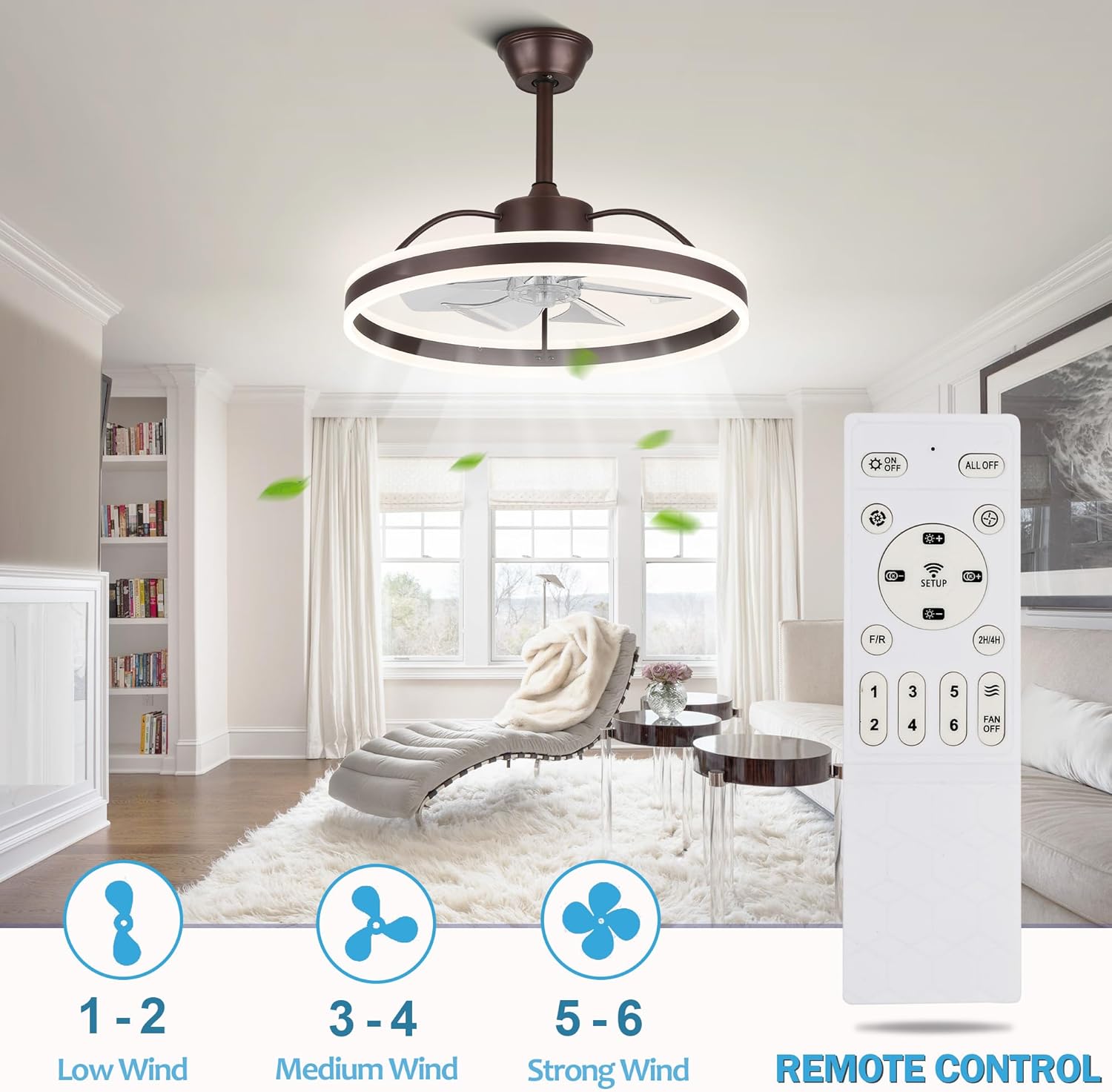 Ceiling Fan With Lights, Modern 24" LED Fan, 6 Speeds, 3 Colors Stepless Dimming for Bedroom Coffee