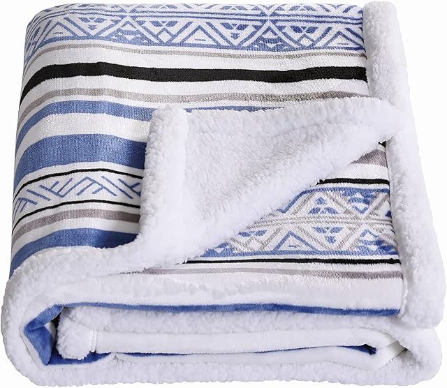 SOCHOW Sherpa Fleece Throw Blanket, Fuzzy Warm Super Soft Reversible Stripe Geometric Pattern Plush Blanket for Bed, Sofa and Couch, 150cm×200cm, Blue