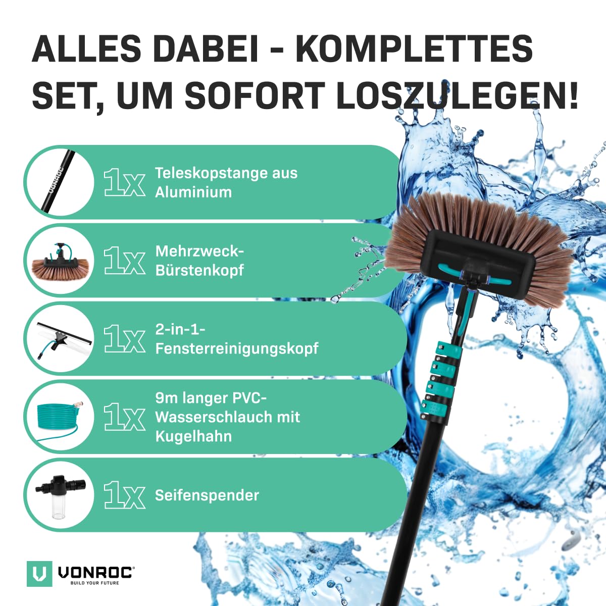 VONROC Teleskop Waschbürste mit Teleskopstiel 6,5m - Ausziehbar Teleskopstangen Reinigung für Fenster, Terrassendach, Solaranlage - inkl. Bürste, Schlauch, Seifenspender