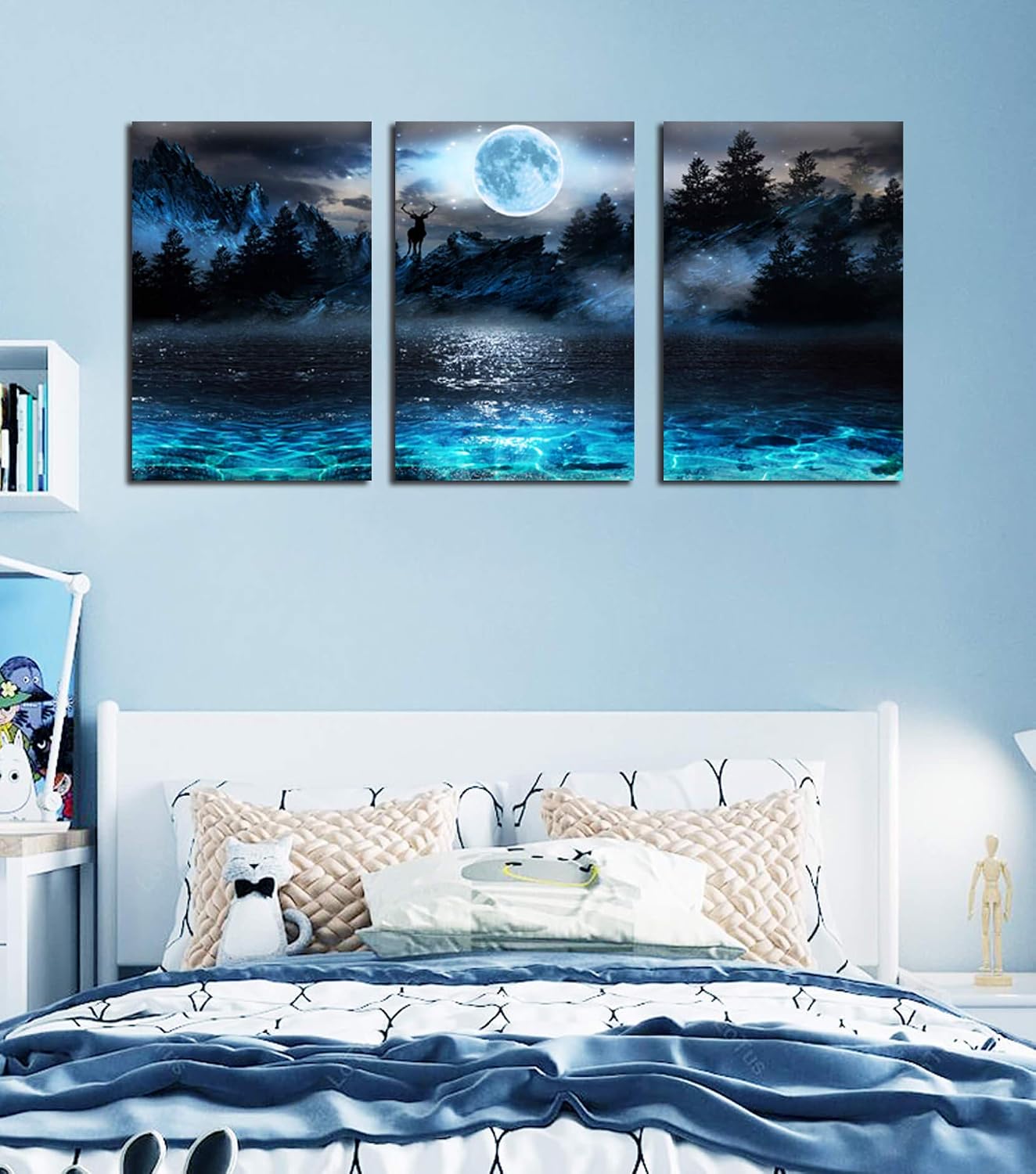 Aburaeart Moon - Deer Ocean Landscape Picture Wall Art For Living Room & Bedroom - 3 Piece Canvas Wall Decor - 16x24 Each Panel