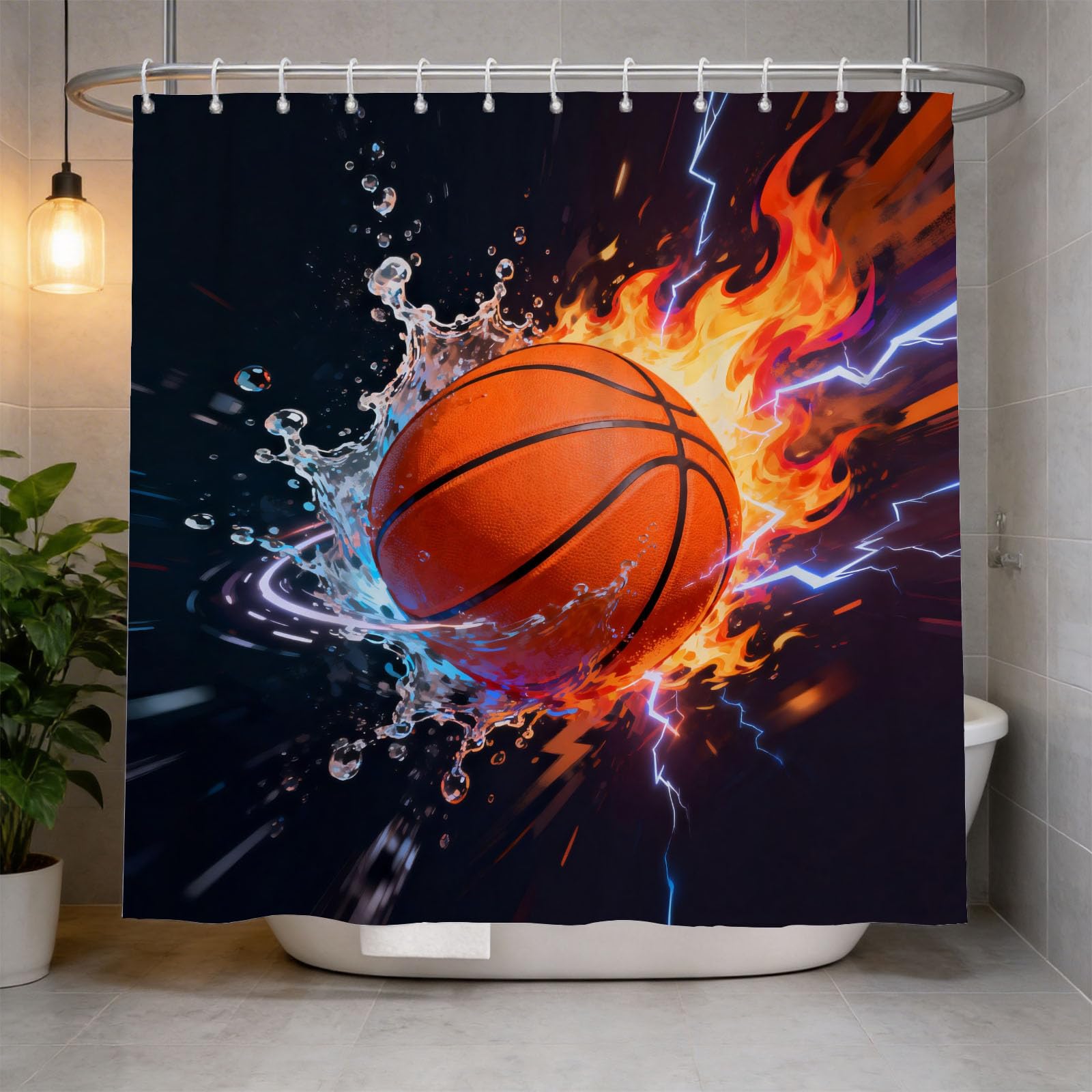 Hongduo 3D Flame Basketball Shower Curtain for Stalls Bathtubs Physical Education Bathroom Decor Shower Curtain Set Polyester Fabric Waterproof 120x180cm/48X71 Inch with Hooks