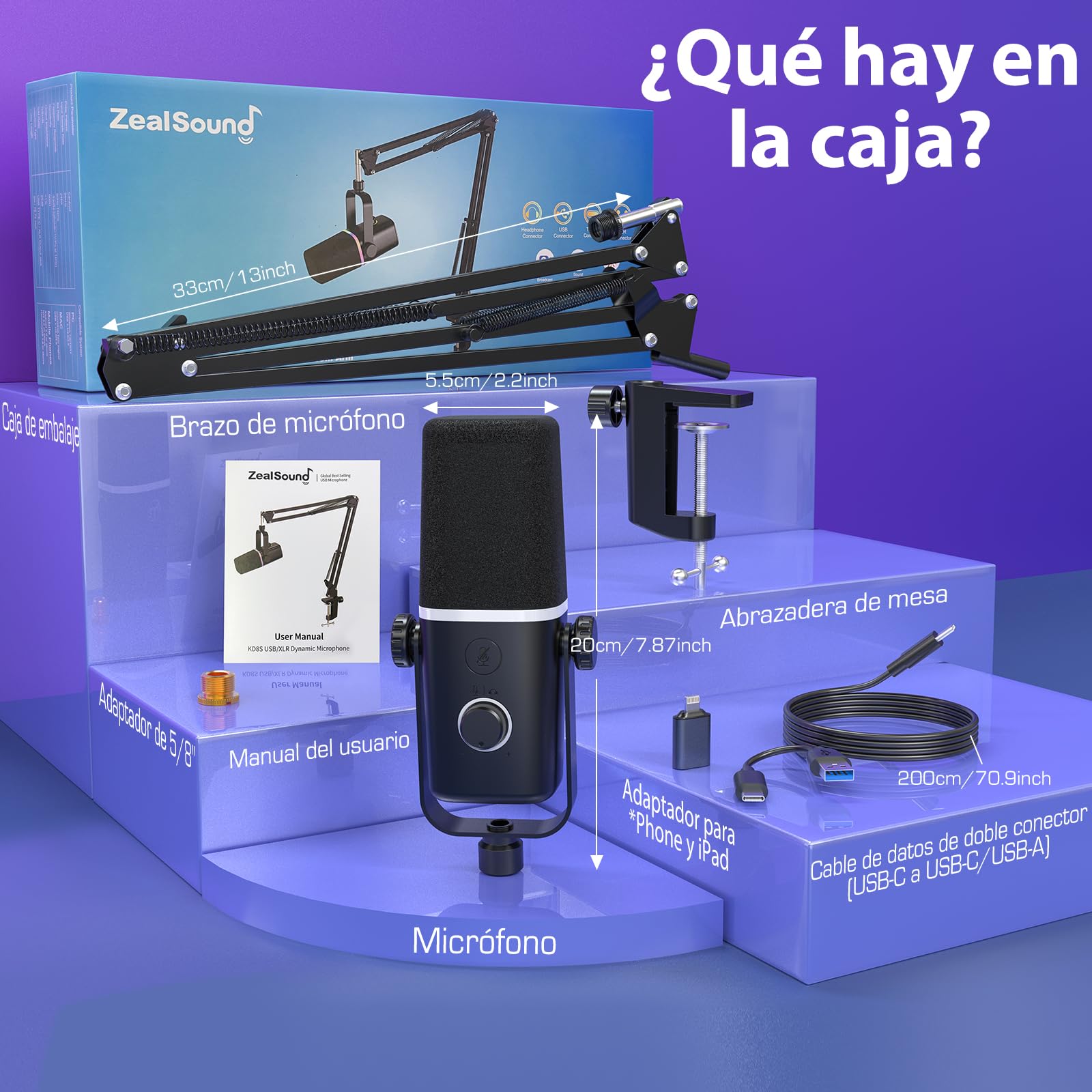 ZealSound Micrófono dinámico USB/XLR, Phone micrófono, Gaming micrófono para teléfono PC, micrófono con luz RGB, Silencio, Conector para Auriculares, Soporte, ASMR/Youtube/Podcast/Streaming/Gaming