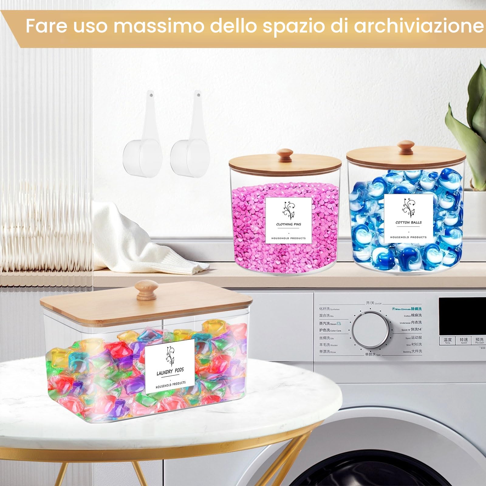 3 Pezzi Contenitore Detersivo Polvere, Dispenser Detersivo Lavatrice in Plastica, Dosatore Detersivo Lavatrice con Coperchio, con 16 Etichette ＆ 2 Misurini, per Bombe da Bagno, Cialde per Bucato