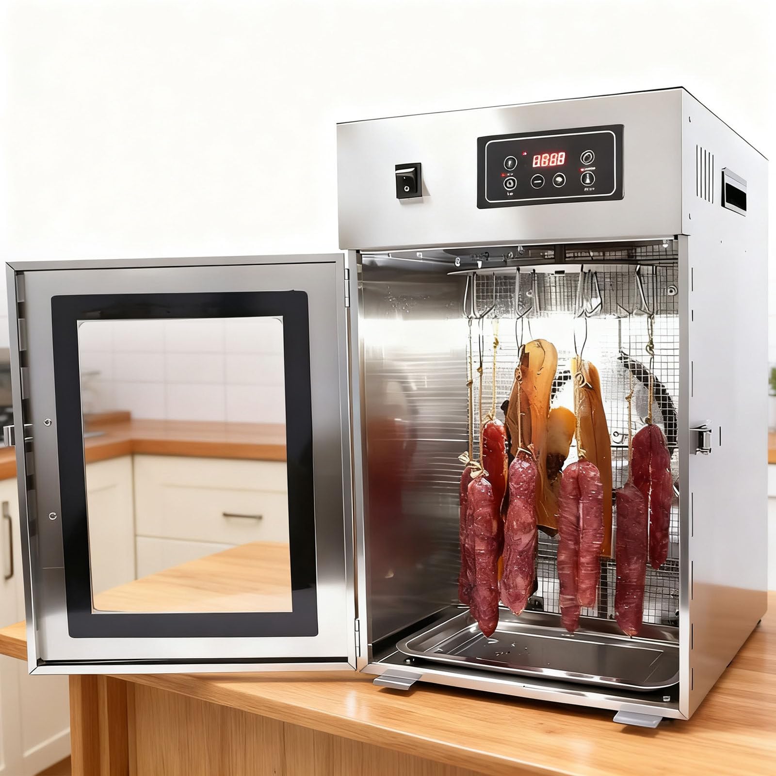 moupeaktain 360° Rotary Meat Dryer, 800W Commercial Food Dryer, Stainless Steel Meat Curing Chamber, Food Dehydrator and Drying Cabinet Dry, Refrigerator for Meat, 30-90℃ Temp Control