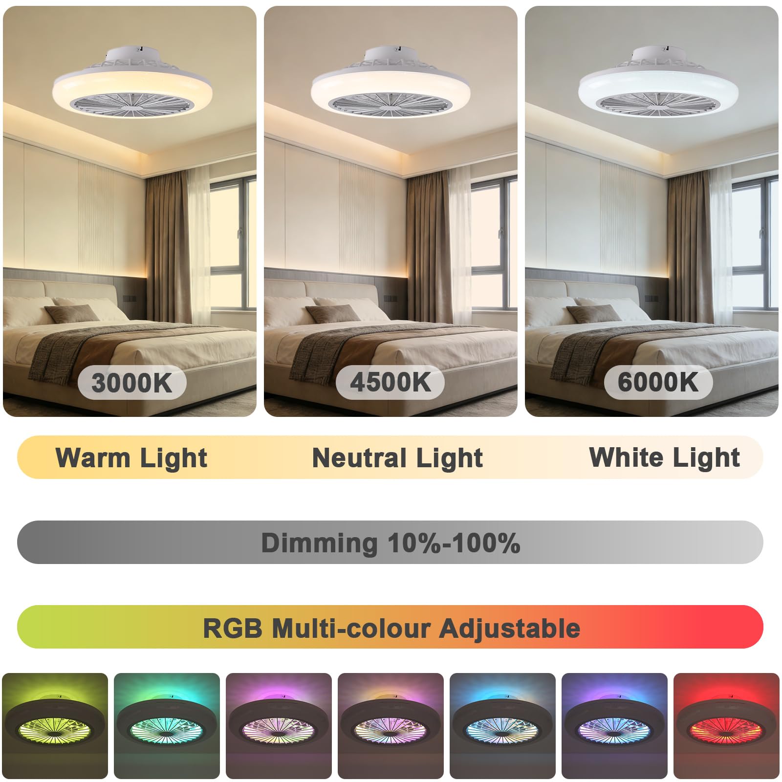 Deckenventilator mit Beleuchtung RGB 45cm Schlafzimmer, mit Lautsprecher | Fernbedienung und APP, Dimmbar, 6 Windstufen Reversibel, Leise, Timer