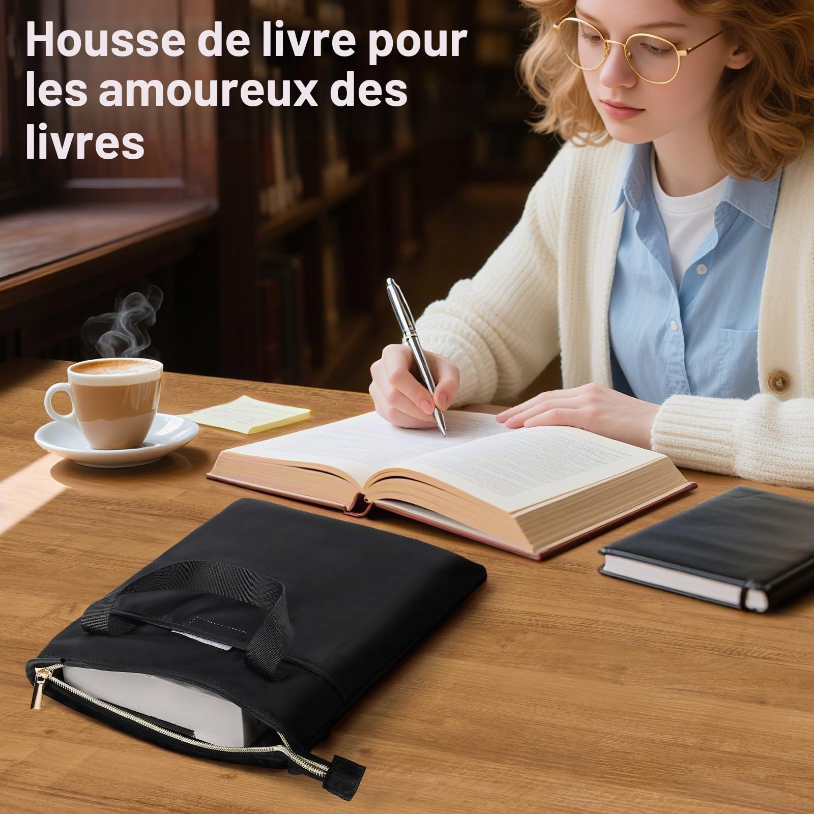 Likesing Pochette Livre Tissu Noir Protege Livre avec Fermeture Eclair et Poche Frontale Protection Livres Imperméable Voyage pour Les Amateur de Lecture Amis Camarades Classe Cadeaux 31 x 26 cm