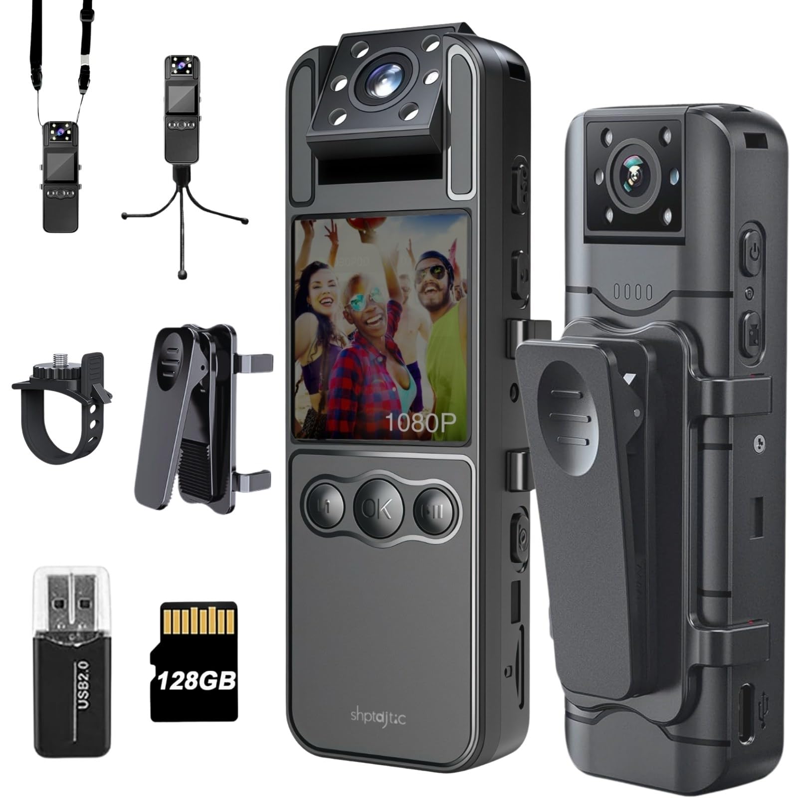 128G Body Cam mit 180° drehbarem Objektiv, Fahrradkamera mit Audio- und Videoaufnahme, Sportkamera mit 6 Stunden Akku, Nachtsicht, tragbare Kamera für Haustier, Büro, Sicherheitspolizei