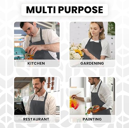 Miniatura 6 de Adjustable Bib Apron 100% Polyester Kitchen Aprons Waterdrop Resistant Aprons with Adjustable Strap, Pockets & Long Ties