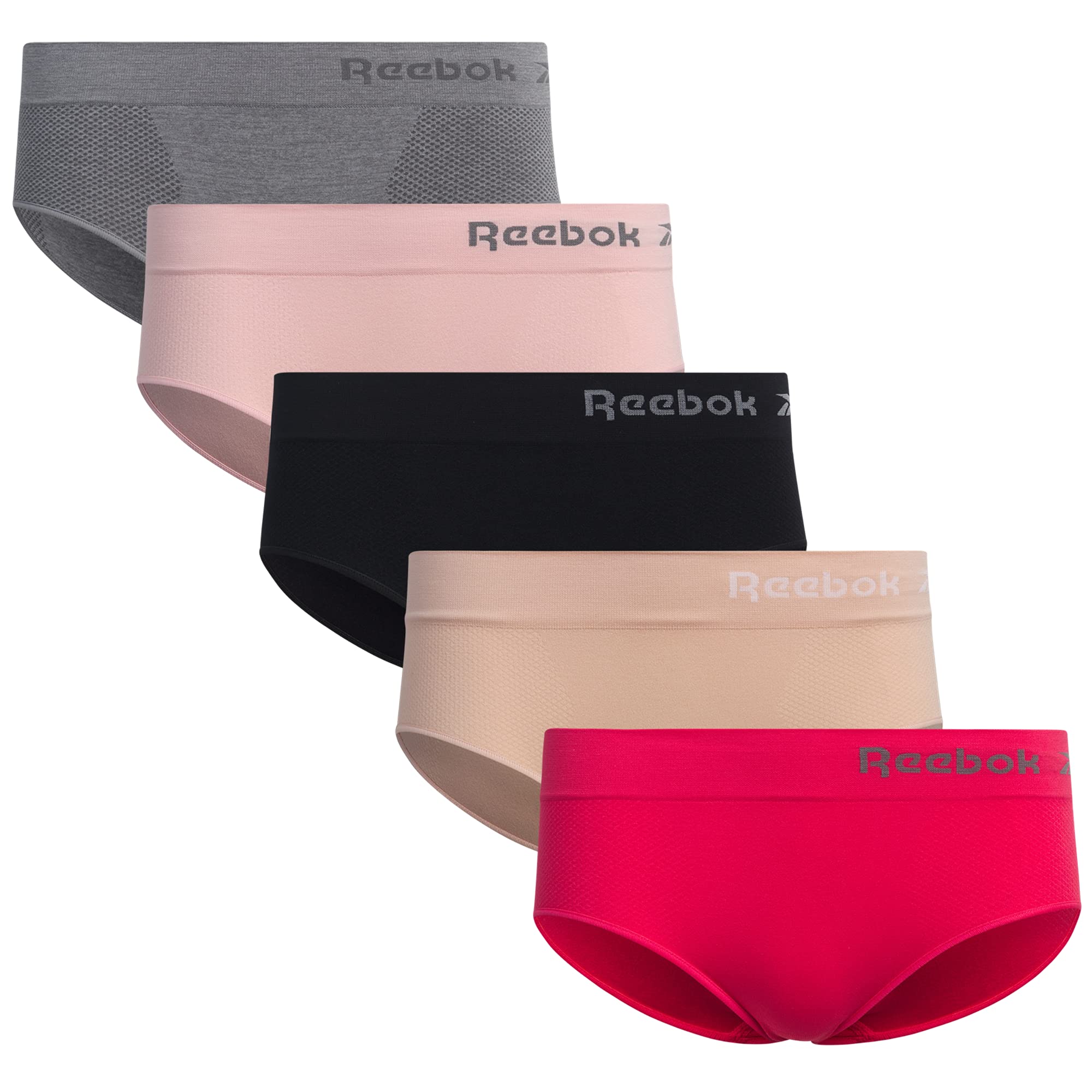 Reebok Women's Underwear - Seamless Hipster Briefs (5 Pack), Size Large, Grey/Pink/Dusty Pink/Black