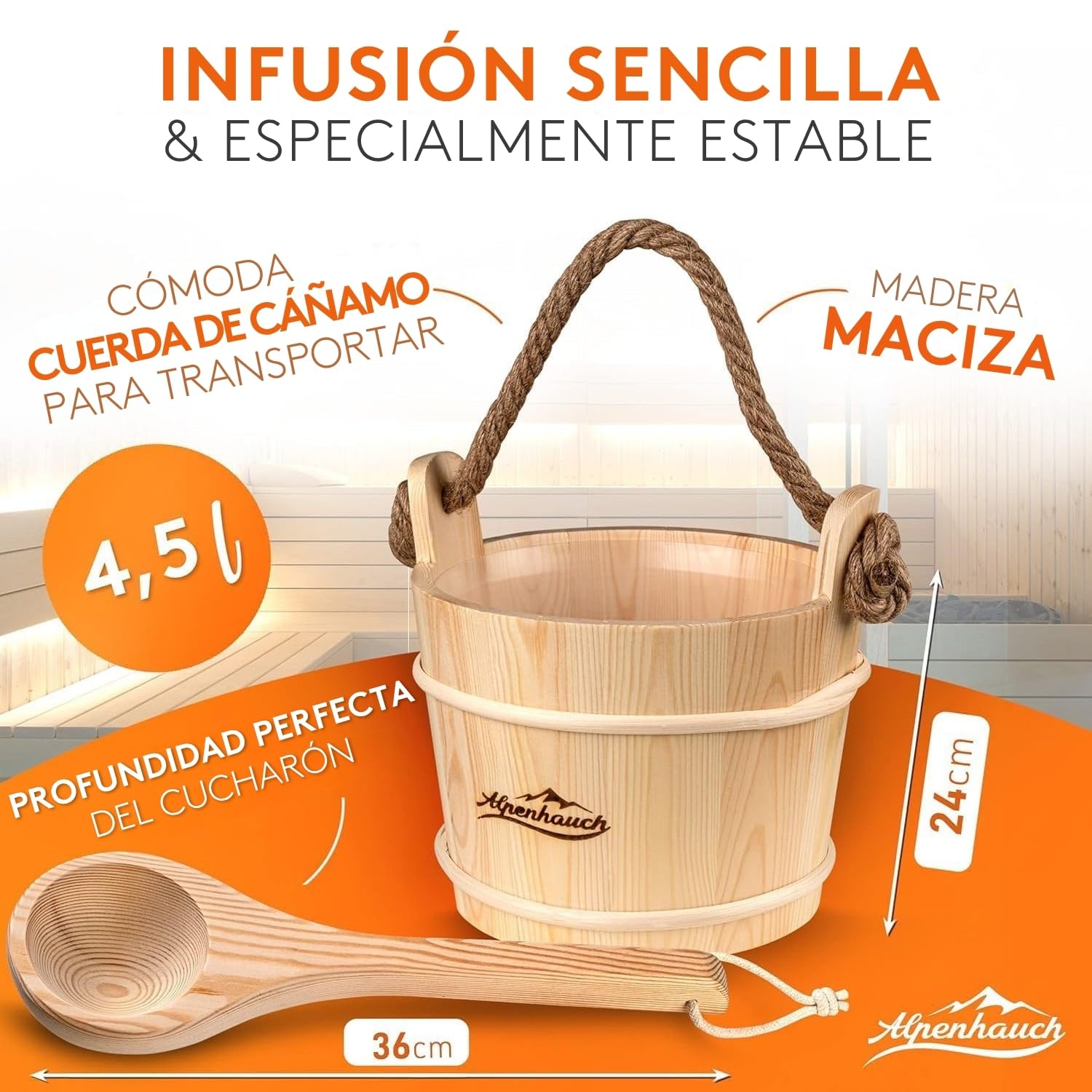 ALPENHAUCH Cubo de sauna con cuchara [100% madera natural] - Cubo de sauna elegante con reloj de arena y termómetro - Accesorios duraderos para sauna - Juego de cubo para sauna (cubo de sauna con