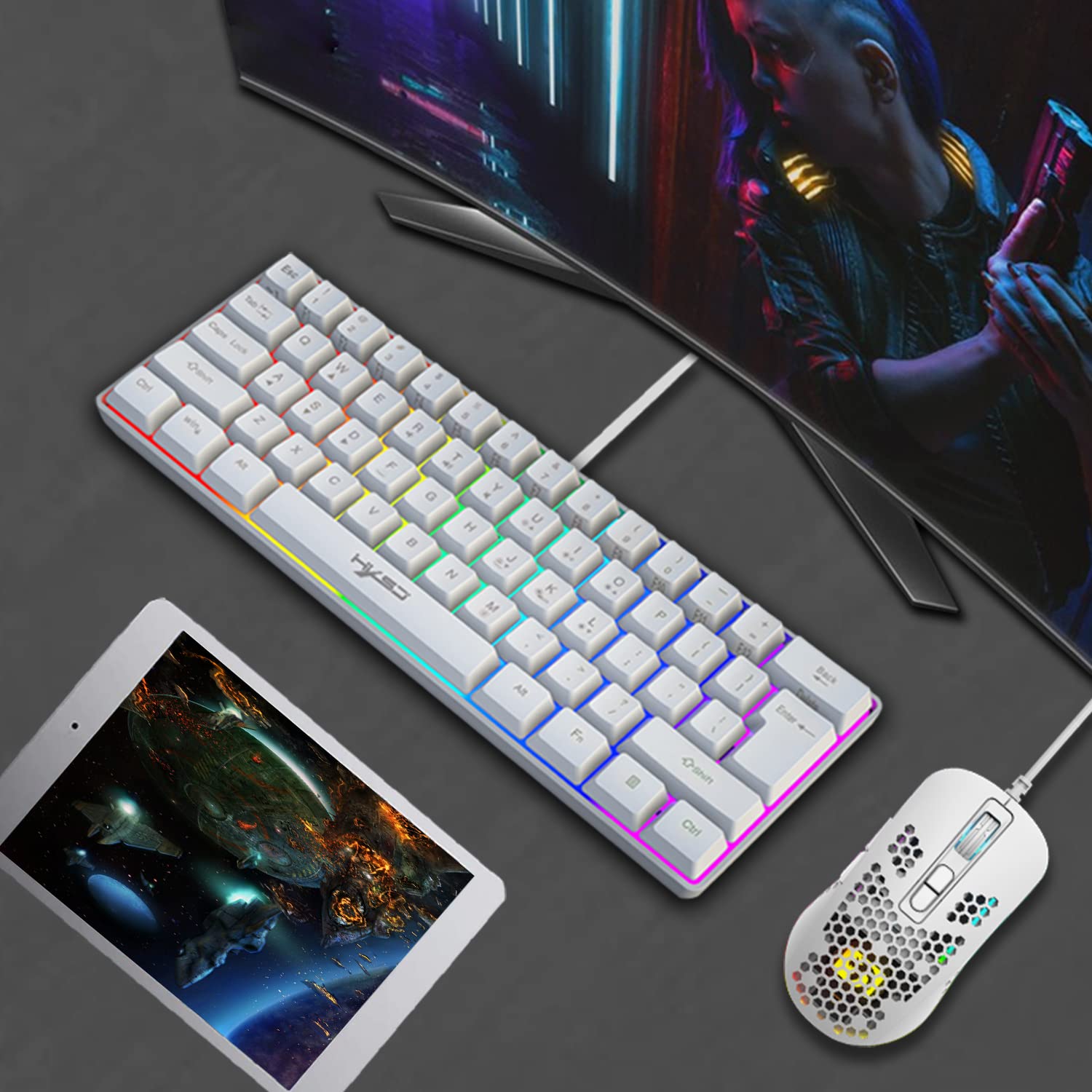 Teclado Compacto 60% con Cable para Juegos, 61 Teclas, 11 Teclas, retroiluminación RGB, Teclas Completas, antifantasma, Cable, ratón óptico de Panal de Abeja de 2400 dpi + Adaptador convertidor