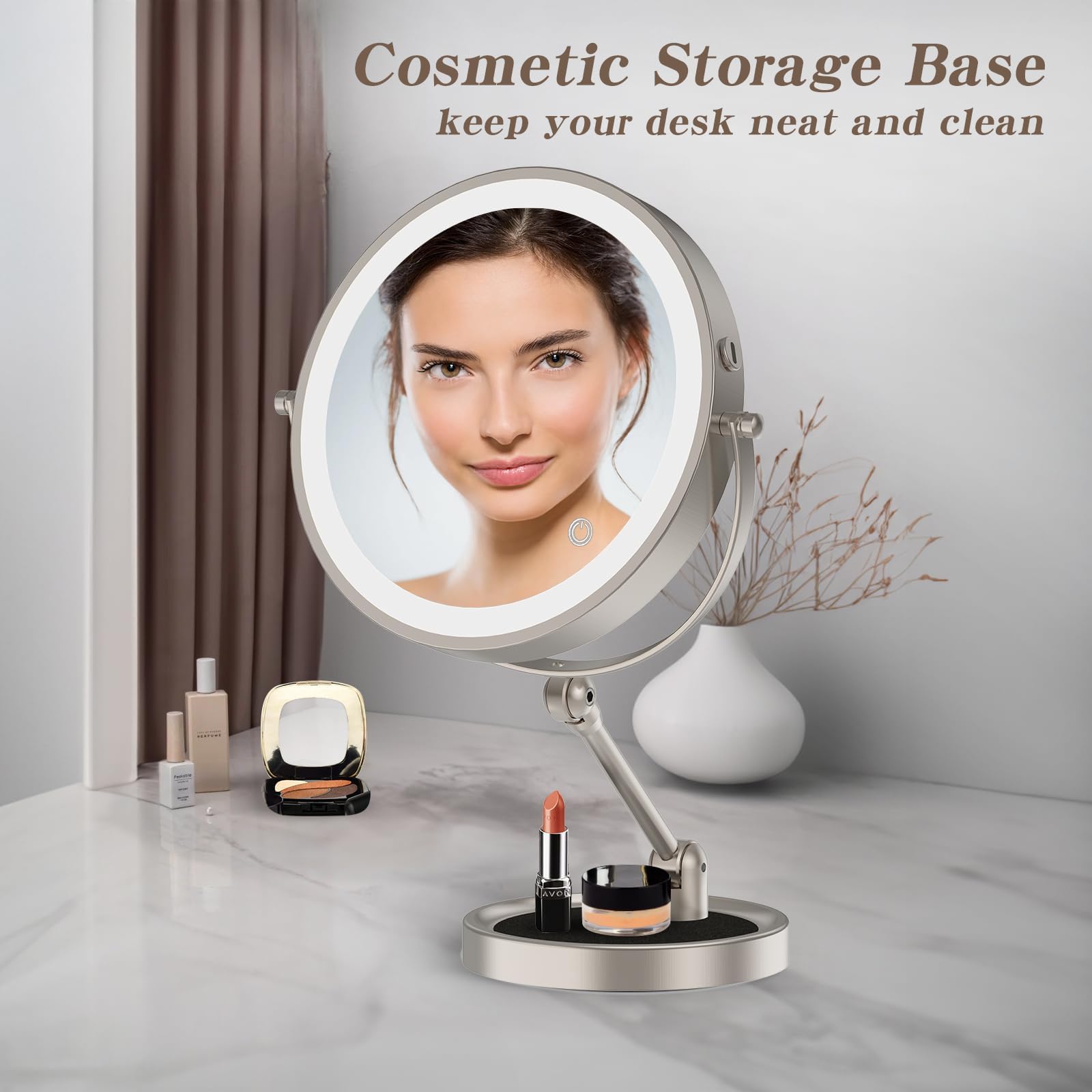 Rocollos Lighted Tabletop Makeup Mirror with Tray, 1X/10X Magnification