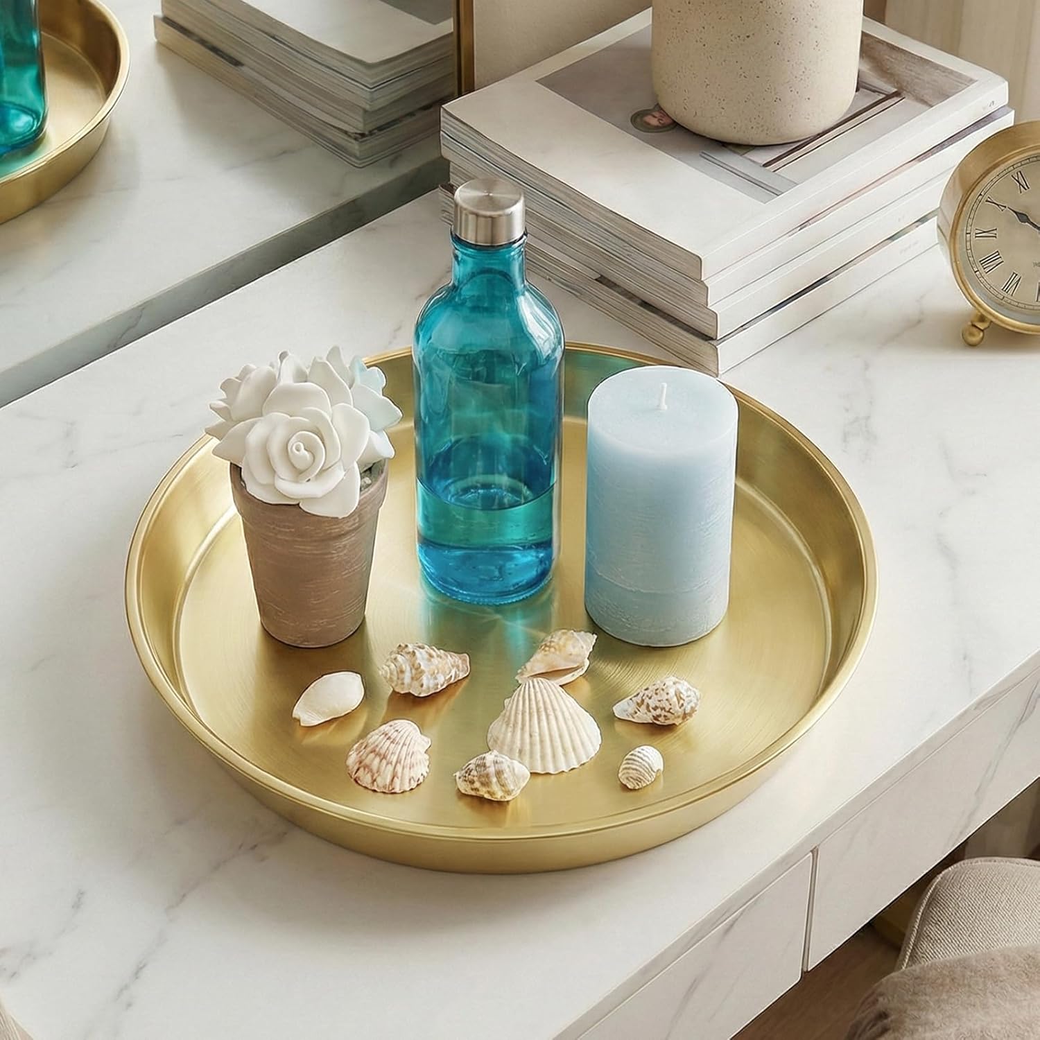 3 Pcs Gold Round Serving Tray, 12.6 Inch Stainless Steel Decorative Plate Vanity Trays, Circle Gold Plate, Round Metal Tray Set for Home Kitchen Vanity Coffee Table Dessert Wedding Display