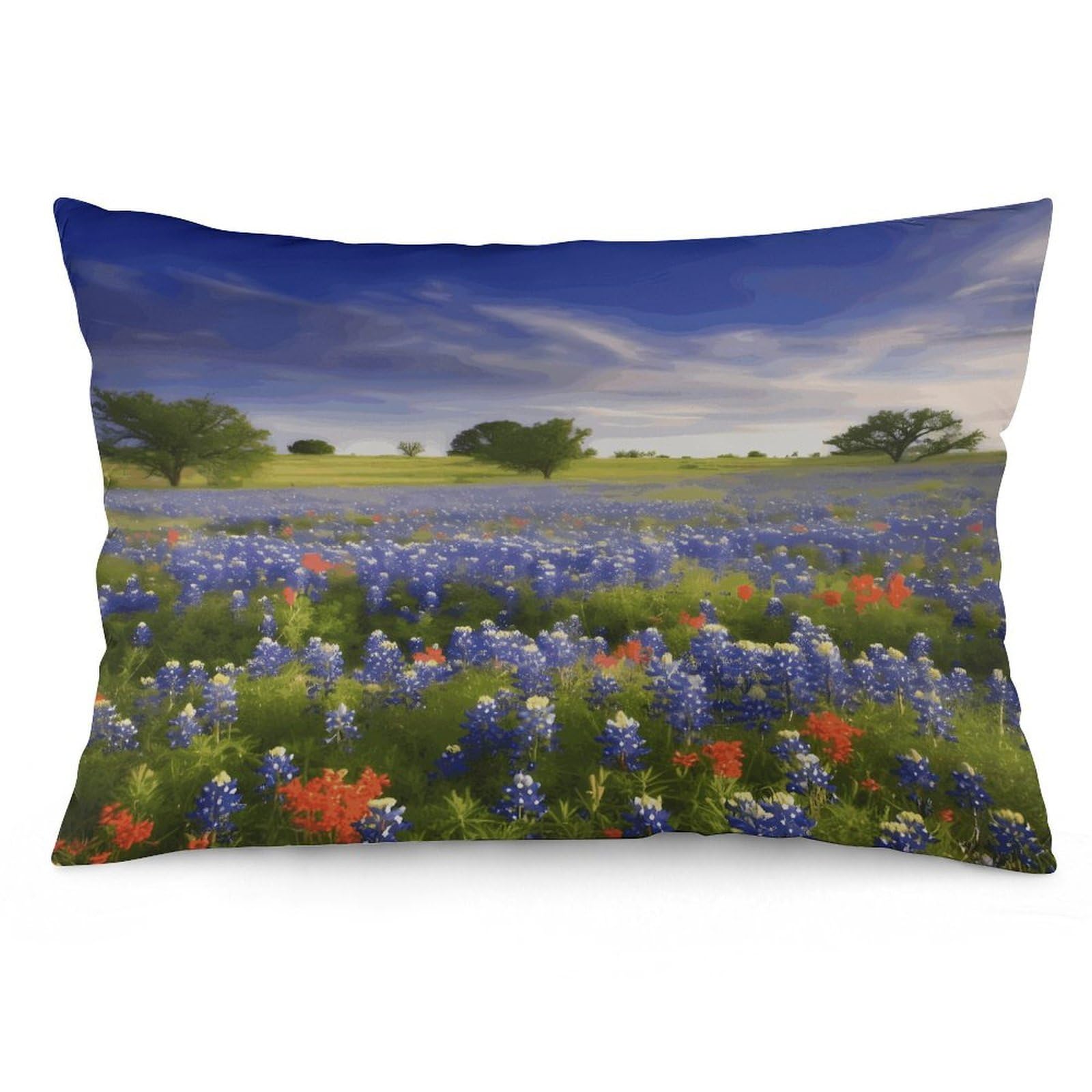 Texas Bluebonnets Scenery Throw Pillow Cover Soft Lumbar Pillow Covers with Zipper Breathable Rectangular Cushion Case Polyester Pillow Case Decorative Body Pillow Cover for Couch Bed