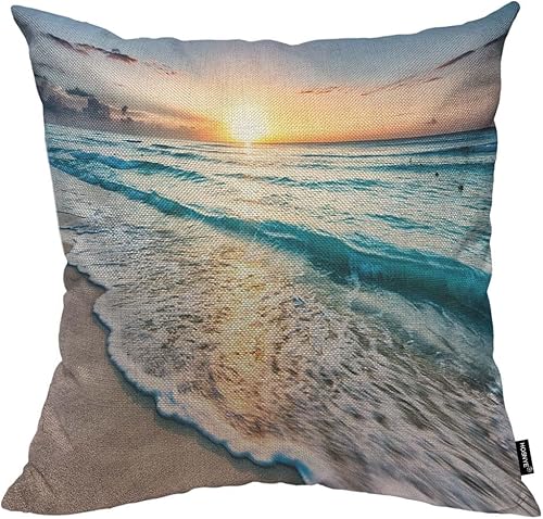 HOSNYE Seaside Wave - Funda de almohada de lino y algodón con diseño de océano tropical, playa, mar, puesta de sol, atardecer, azul, arena, verano,