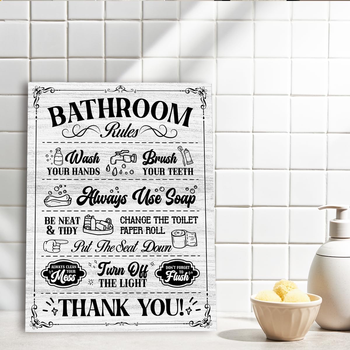 OTINGQD Rustic Bathroom Rules Wall Decor,Funny Bathroom Canvas Wall Art for Toilet Restroom Washroom - Image 7