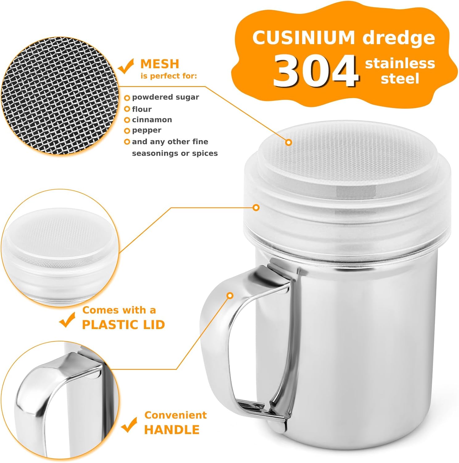 Accmor Powdered Sugar Shaker Duster, Cinnamon Shaker Flour Shaker Sifter, Fine Mesh Stainless Steel Dredge for Sugar Flour Cocoa Coffee Bar, 6 Ounce, 3 Pack