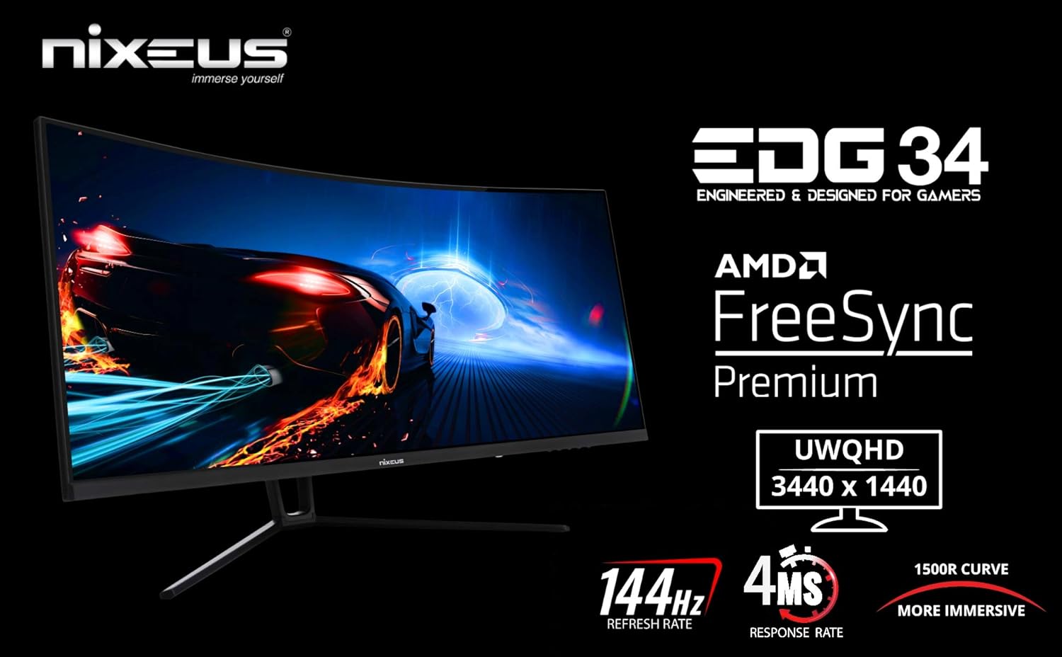 60% оƒƒ Dіѕсоunt Nixeus EDG 34” Ultrawide 3440 x 1440 AMD Radeon FreeSync Certified 144Hz 1500R Curved Gaming Monitor with Tilt Only Stand (NX-EDG34S)