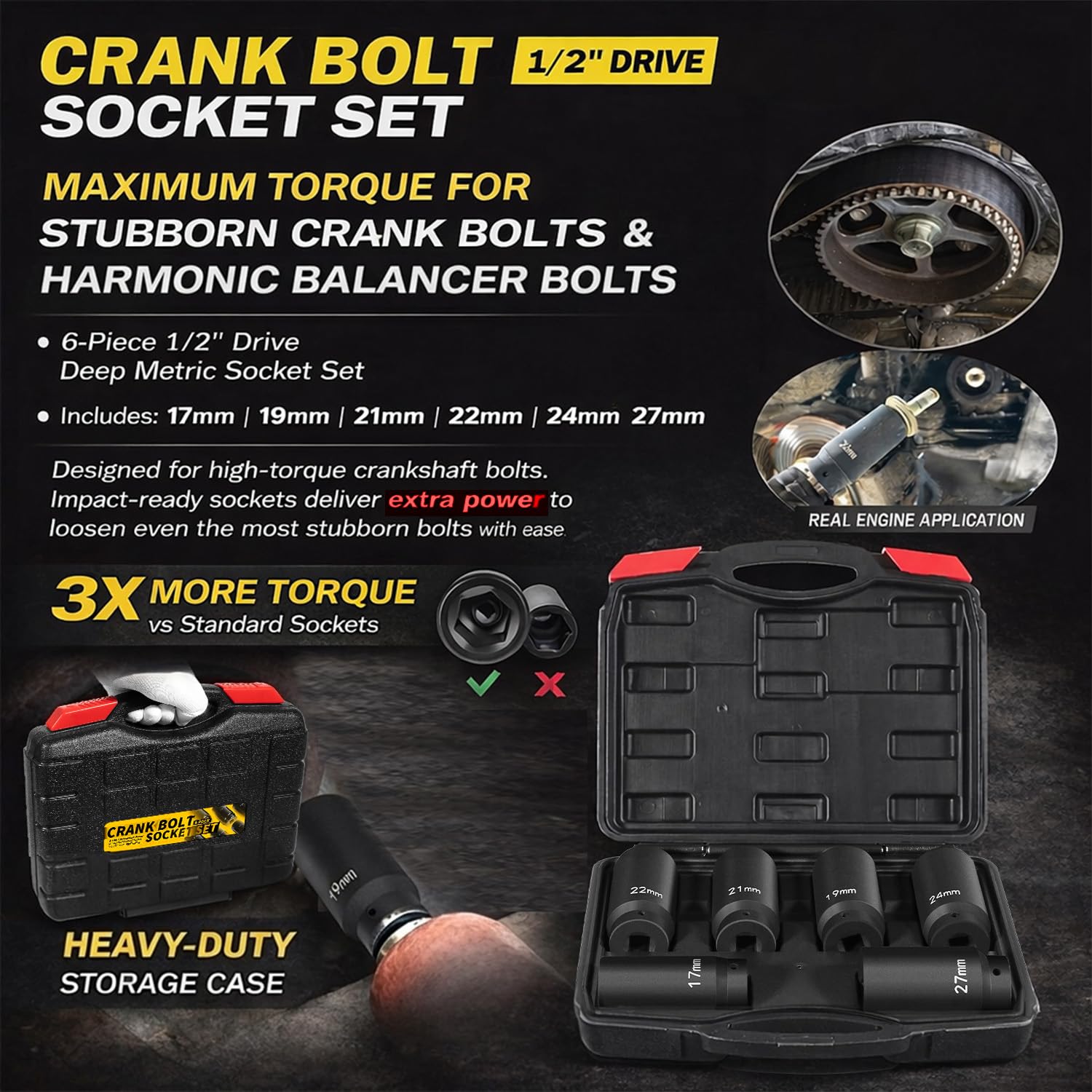 Set di 6 chiavi a bussola per manovella da 1/2", 17 mm, 19 mm, 21 mm, 22 mm, 24 mm, 27 mm, set di bussole per bilanciamento armonico, set di bussole metriche profonde da 1/2", 3 volte la potenza del