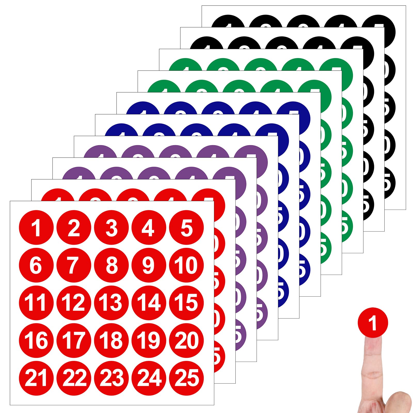 Photo 1 of 250 Pcs 1-25 Consecutive Number Stickers, 10 Sheets Colored Round Labels, 1.18" Self-Adhesive Small Decals Numbered Stickers for Indoor Outdoor, Inventory Storage Organizing Boxes DIY (5 Colors)