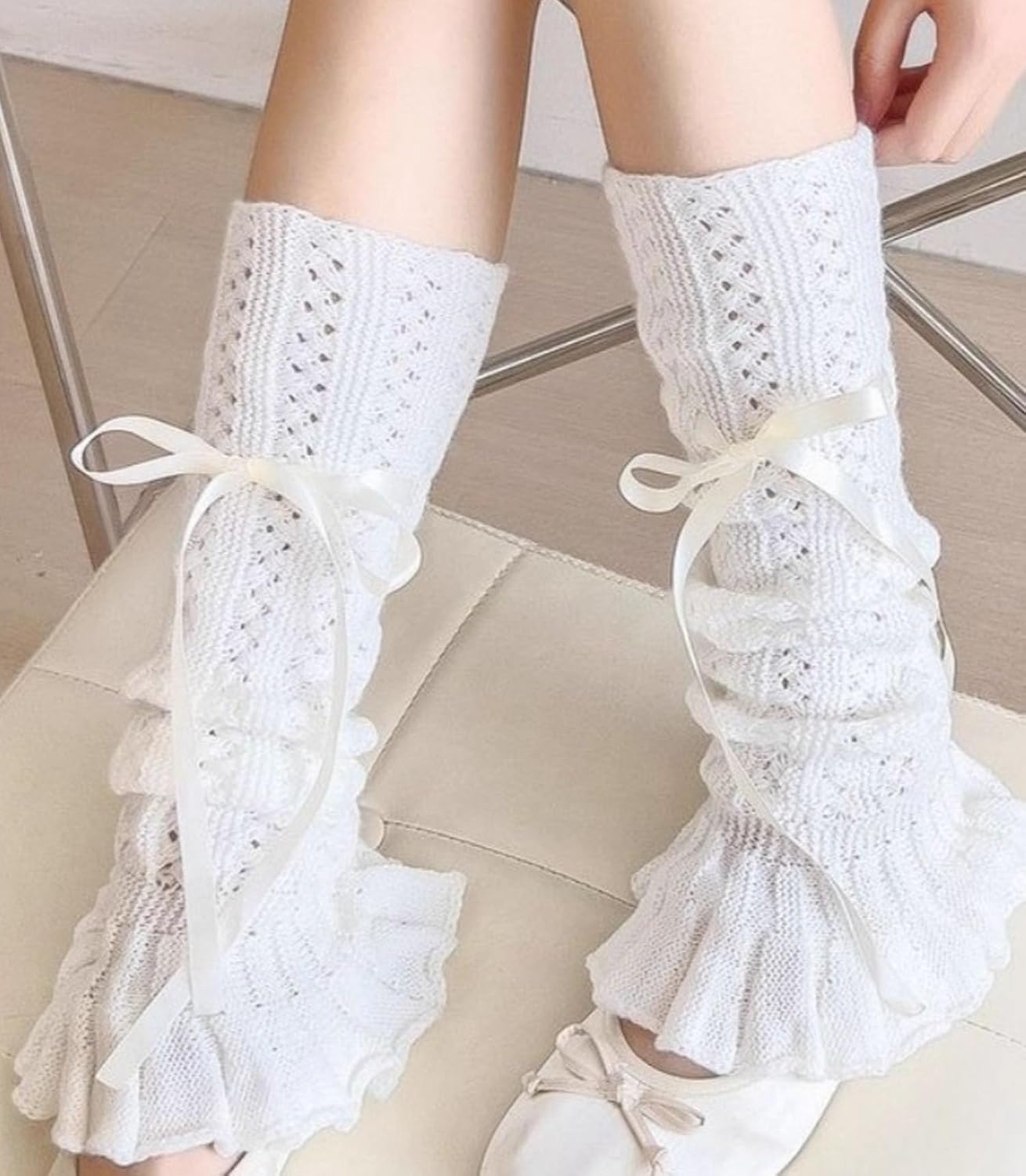 SherryDC Girl's Cute Knit Leg Warmers Kawaii Bowknot Ruffled Trim Knee High Leg Sleeve Socks Women - Image 3