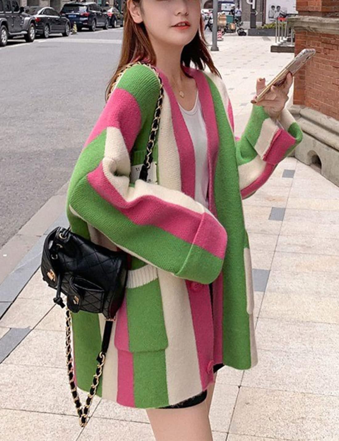 Unilexi Womens Loose Long Sleeve Rainbow Striped Cardigans Sweater Boho Color Block Chunky Knitted Tops - Image 2