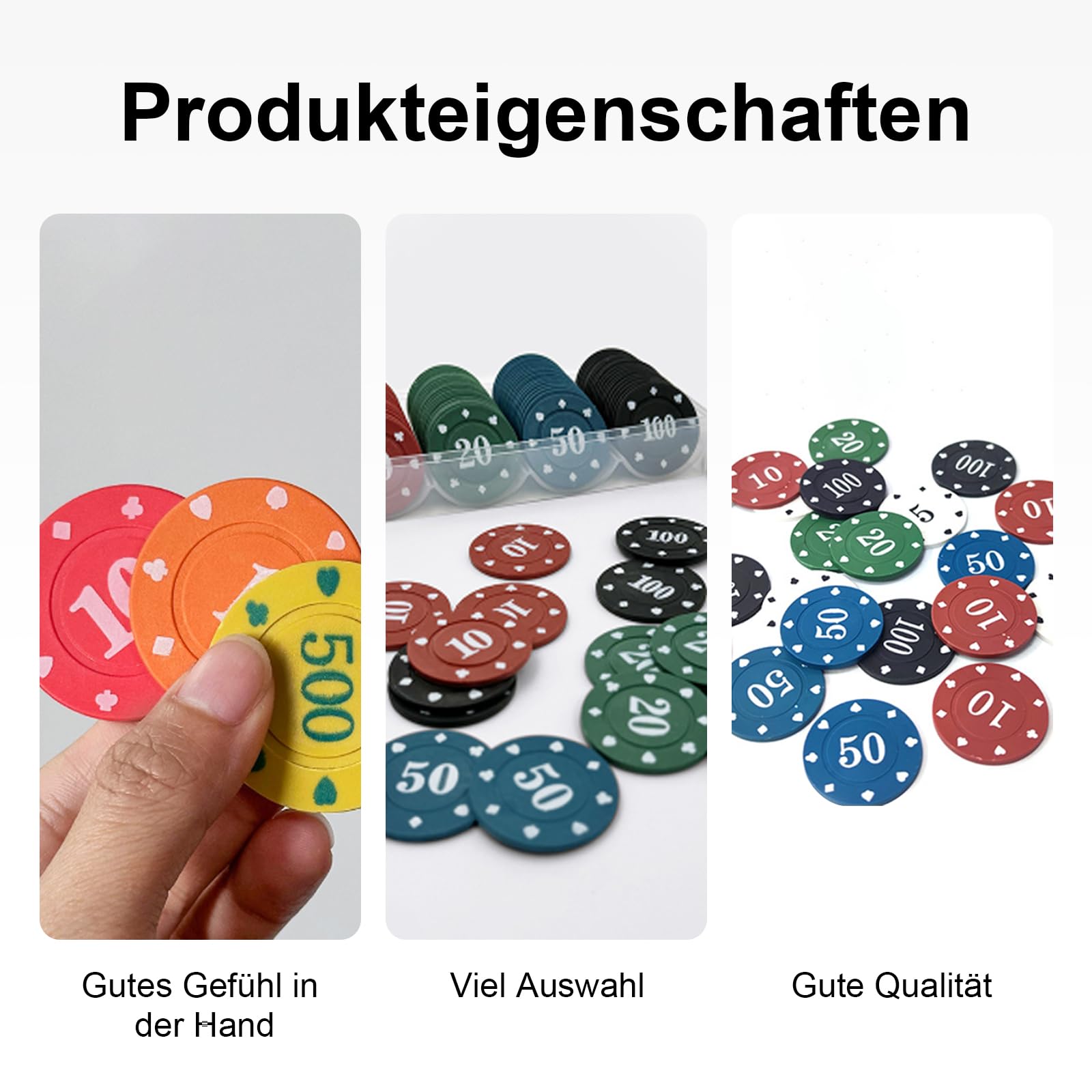300 Stück PokerChips Kunststoff Nummerierte Chips 5/10/20/50/100,Poker Zubehör,Wertmarken Chipsfür Reisen und Familienpartys