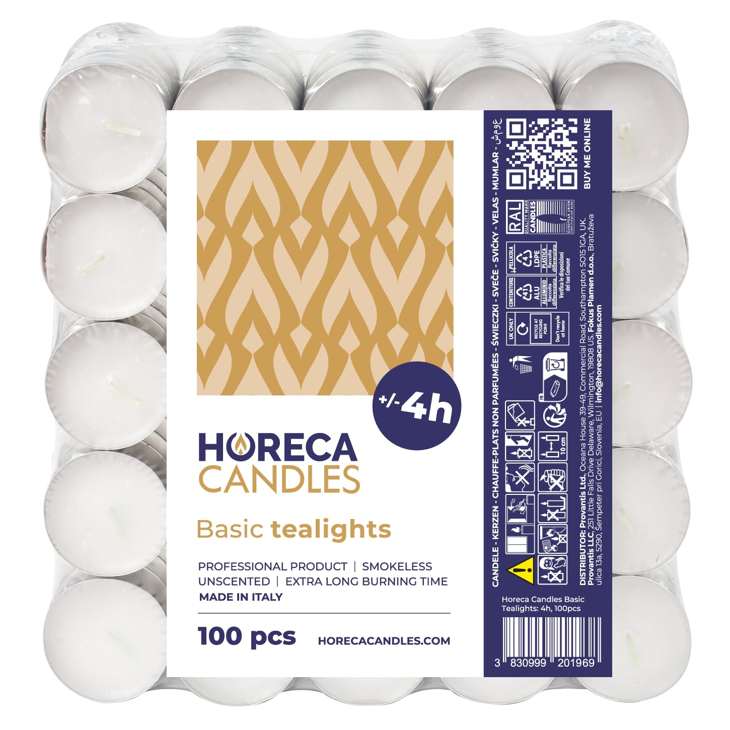 Horeca Candles - Velas de té Blancas - 4 Horas de Duración - Paquete de 100 Unidades - Candelitas Decorativas Sin Perfume - Para Boda, Relajación, Cumpleaños