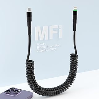 Coiled USB C to Lightning Cable MFi Certified Support Apple Carplay, Short Retractable Type-C iPhone Charger Cable for Car, USB-C iPhone Charger Cord Fast Charging with Data Transfer and LED