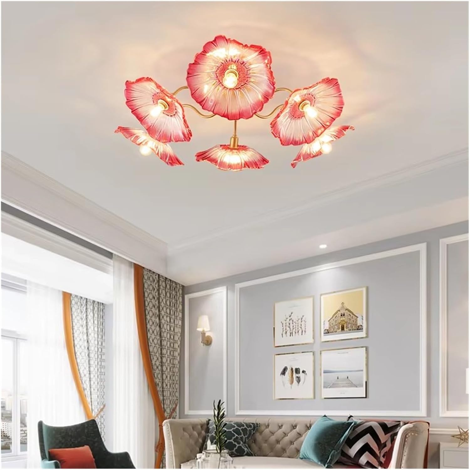Nordic Living Room LED Chandelier Copper Material Bedroom Dining Room Kitchen Ceiling Light Petal Glass Lampshade Decorate Lamp,luminaire