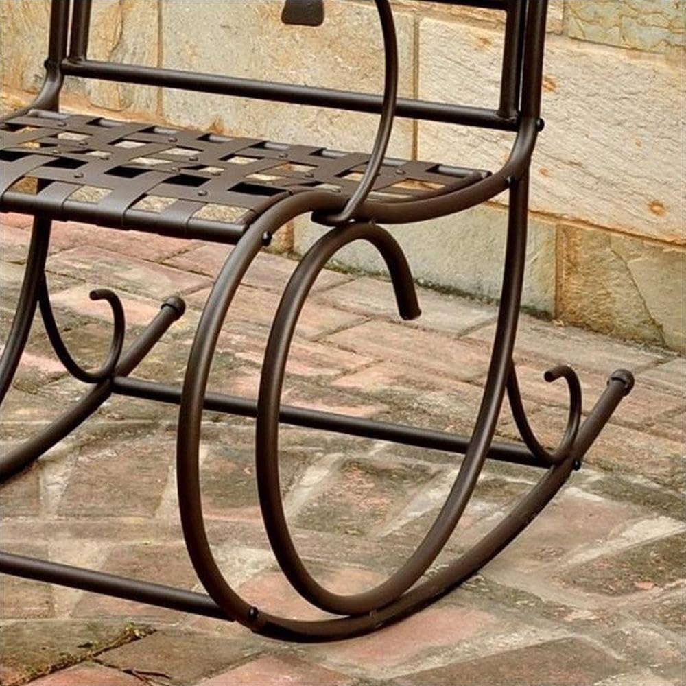 Pemberly Row Iron High-Back Patio Rocker, 39H x 23W x 36D Inches, Hammered Matte Brown Finish, Powder Coated All-Weather UV Resistant Outdoor Chair, Distressed Design for Patio or Garden Use