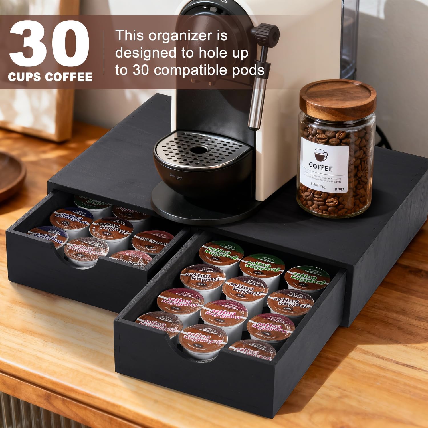 Wooden K Cup Organizer Coffee Pod Storage Box, Coffee Pod and Tea Bag Holder,Kcup Drawer Coffee Maker Stand,Home Kitchen Counter Holds Up to 30 Pods Capacity (2 Drawer) (Elegant Black)